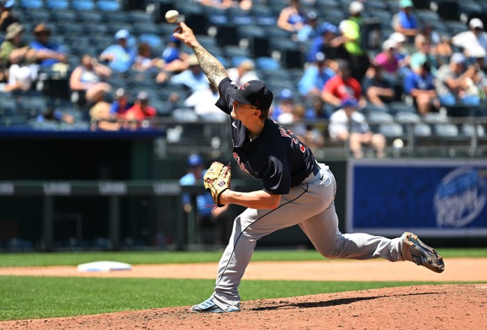 Jul 10, 2022; Kansas City, Missouri, USA; Cleveland Guardians starting pitcher Zach Plesac (34) delivers a pitch during the fourth inning against the Kansas City Royals at Kauffman Stadium. Mandatory Credit: Peter Aiken-USA TODAY Sports